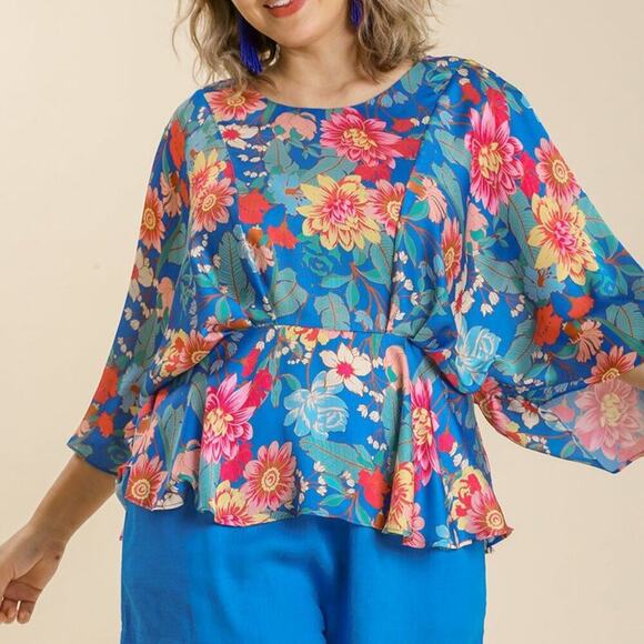 565 UMGEE BLUE FLORAL DOLMAN SLEEVE BLOUSE PLUS SIZE - Picture 1 of 6